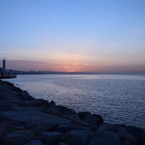 Превью обои море, пляж, закат, сумерки, горизонт