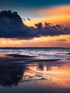 Превью обои море, пляж, закат, сумерки, вода, отражение