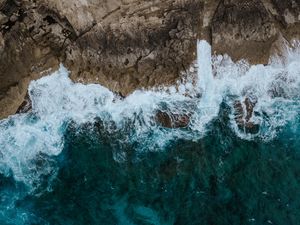 Превью обои море, прибой, вид сверху, скалы, пена