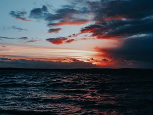 Превью обои море, прибой, закат, горизонт, волны, облака