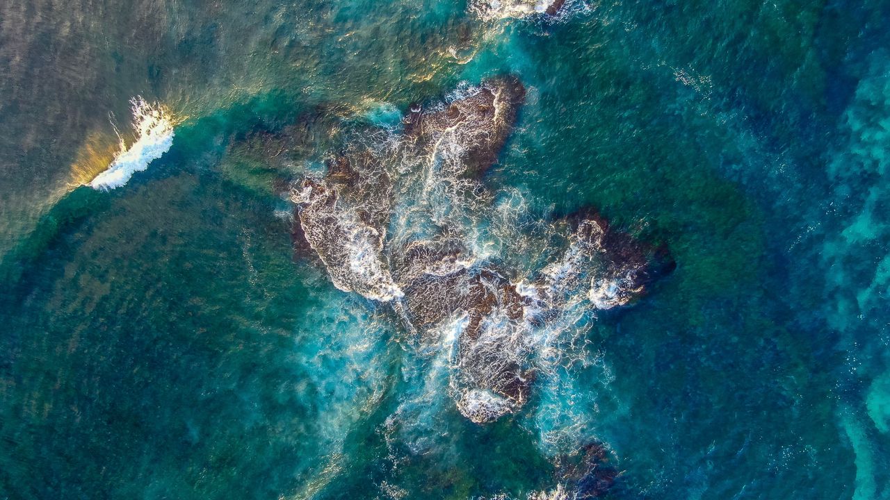 Обои море, риф, вид сверху, волны, вода
