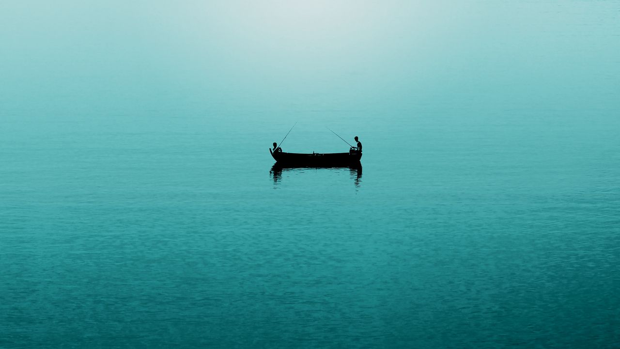 Обои море, рыбаки, лодка, рыбалка, минимализм