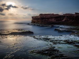 Превью обои море, скала, берег, рельеф, долгая выдержка, пейзаж