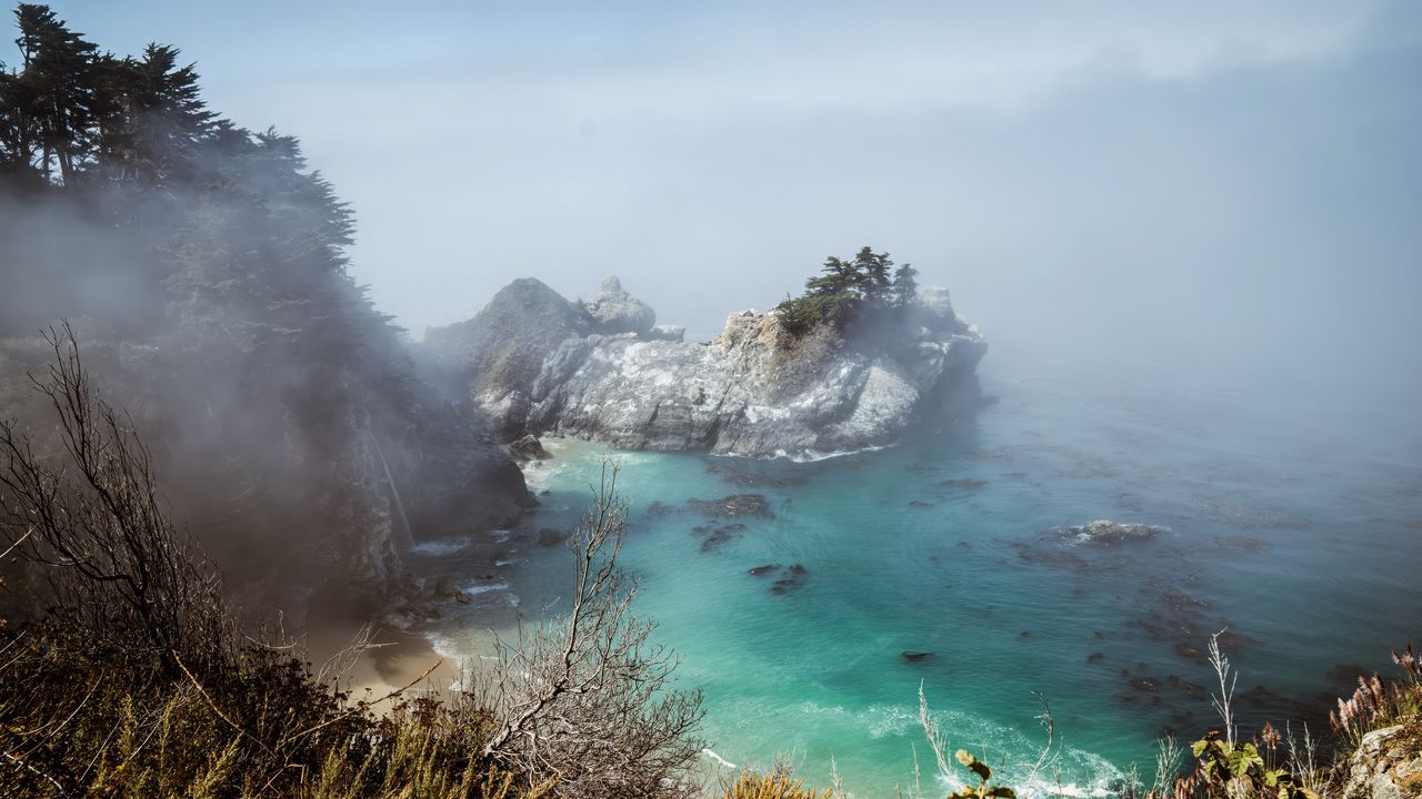 Обои море, скала, деревья, туман, природа