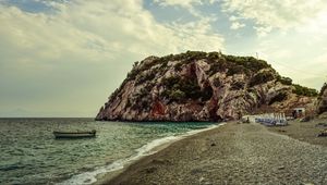 Превью обои море, скала, лодка, берег