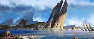 Превью обои море, скалы, лодки, побережье, арт