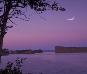 Превью обои море, скалы, вечер, луна