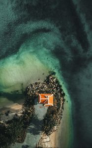 Превью обои море, вода, остров, дом, вид сверху
