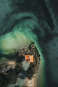 Превью обои море, вода, остров, дом, вид сверху