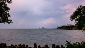 Превью обои море, вода, радуга, горизонт, сумерки