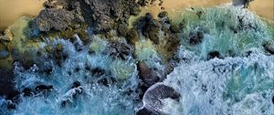 Превью обои море, волны, берег, вид сверху, синий