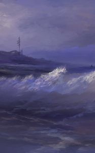 Превью обои море, волны, деревья, арт, фиолетовый