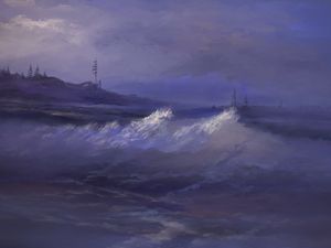 Превью обои море, волны, деревья, арт, фиолетовый