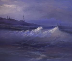 Превью обои море, волны, деревья, арт, фиолетовый