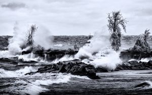 Превью обои море, волны, камни, пейзаж, черно-белый