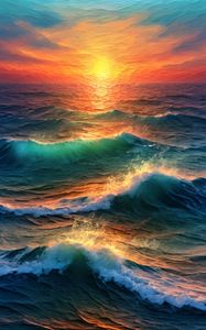 Превью обои море, волны, океан, мазки, закат, природа, арт
