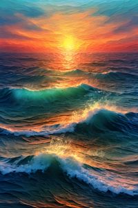 Превью обои море, волны, океан, мазки, закат, природа, арт