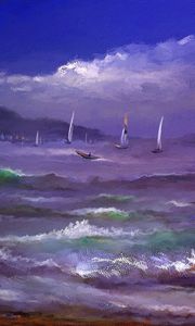 Превью обои море, волны, парусники, холст, арт