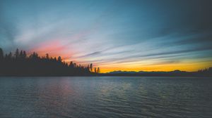 Превью обои море, закат, деревья, берег