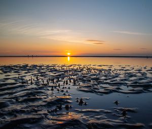 Превью обои море, закат, горизонт, берег, пейзаж, природа