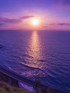 Превью обои море, закат, мост, горизонт, фиолетовый, сиреневый