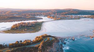 Превью обои море, земля, вид сверху, скалы, вода