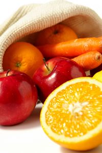Превью обои морковь, яблоки, лимон, мешок, фрукты, овощи