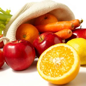 Превью обои морковь, яблоки, лимон, мешок, фрукты, овощи