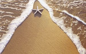 Превью обои морская звезда, песок, море, пена, треугольник
