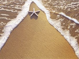 Превью обои морская звезда, песок, море, пена, треугольник
