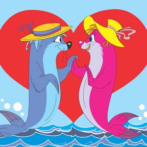 Превью обои морские котики, пара, любовь, сердце, арт