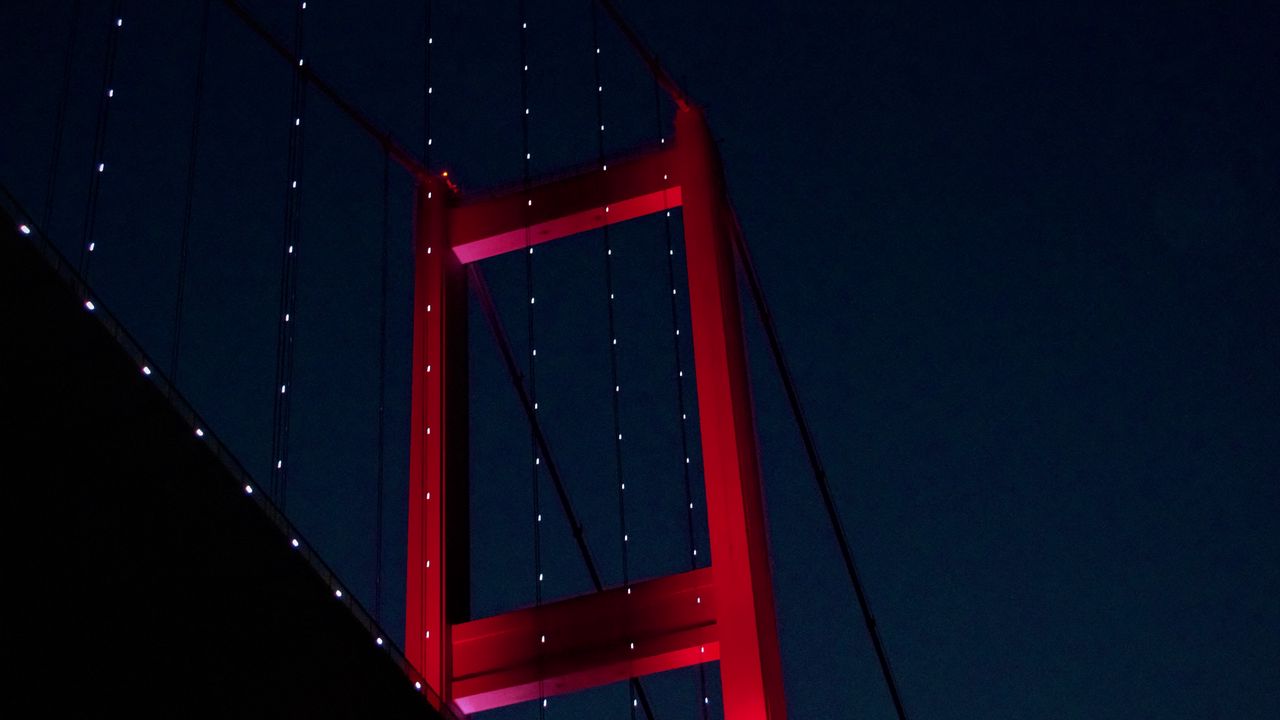 Обои мост, архитектура, гирлянды, ночь, свечение