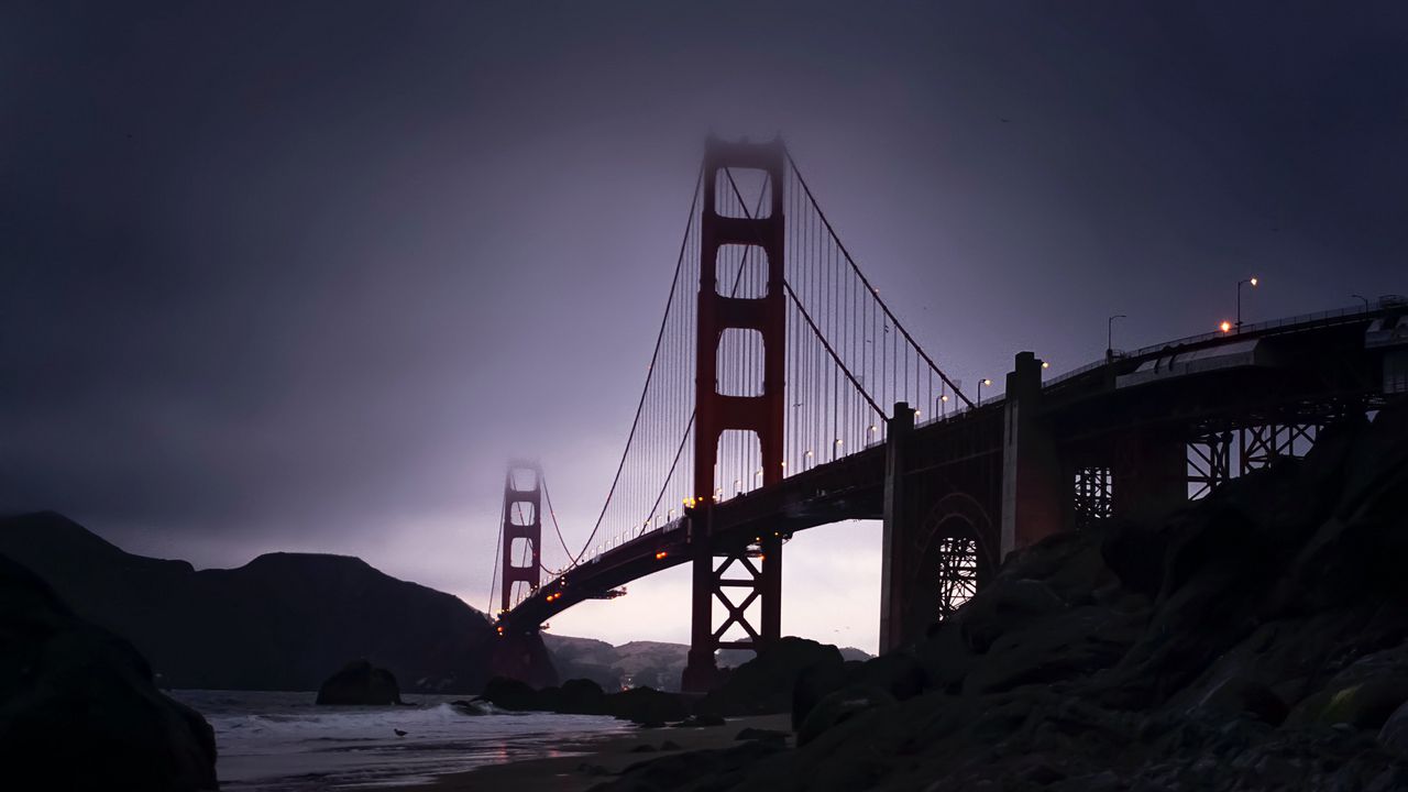 Обои мост, архитектура, туман, сумерки