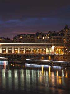 Превью обои мост, архитектура, здания, город, река, ночь