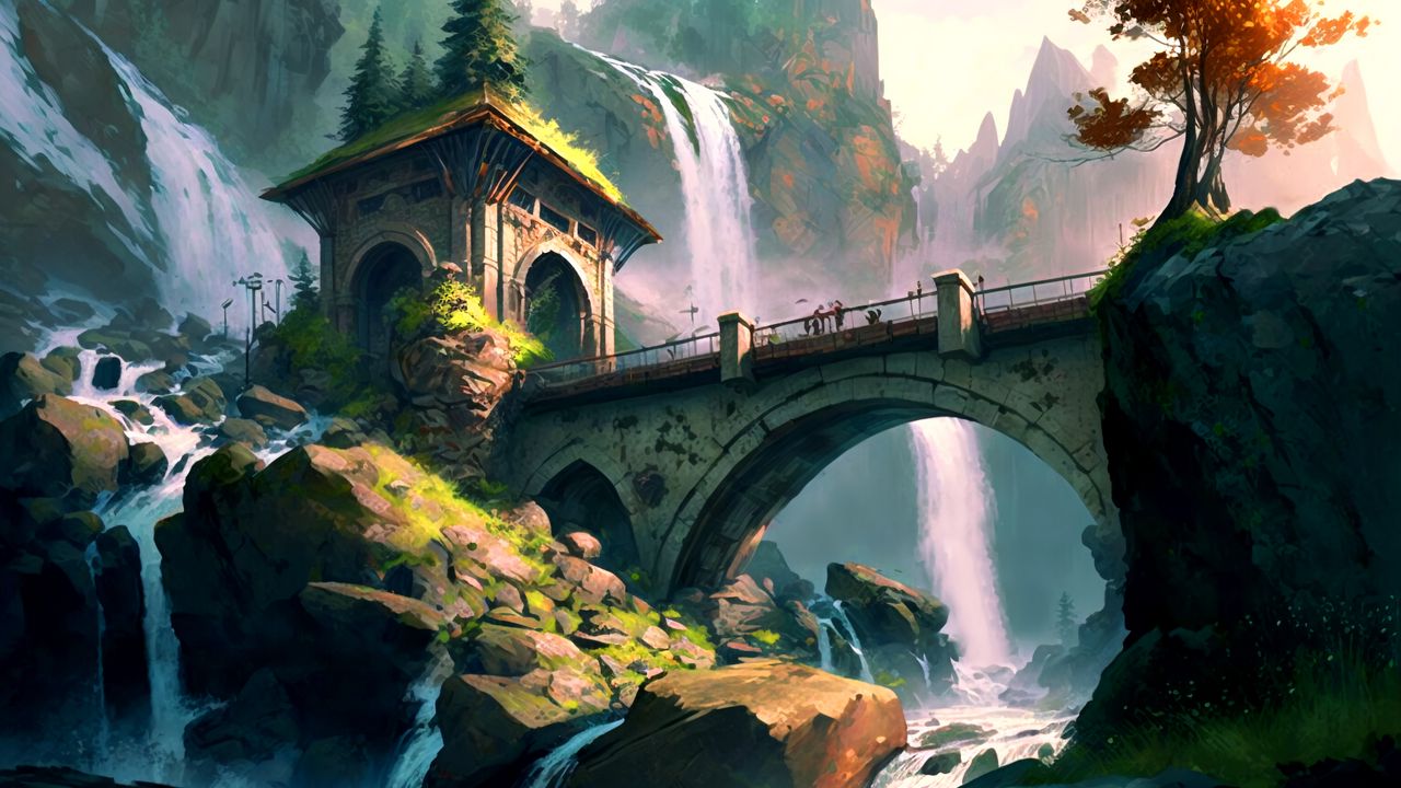 Обои мост, башня, арка, водопады, арт
