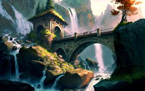 Превью обои мост, башня, арка, водопады, арт