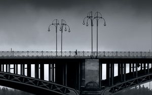 Превью обои мост, человек, фонари, архитектура, вода, черно-белый