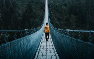 Превью обои мост, человек, одиночество, канатный мост, природа