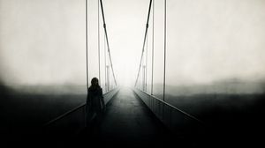 Превью обои мост, человек, туман, прогулка, одиночество, свобода