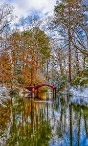 Превью обои мост, деревья, озеро, снег, зима, природа, пейзаж