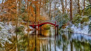 Превью обои мост, деревья, озеро, снег, зима, природа, пейзаж