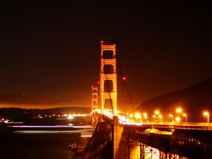 Превью обои мост, дорога, огни, ночь