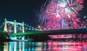 Превью обои мост, фейерверк, ночь, отражение, огни