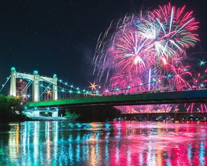 Превью обои мост, фейерверк, ночь, отражение, огни