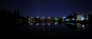 Превью обои мост, фонари, ночь, река, отражение
