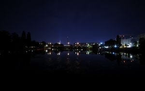 Превью обои мост, фонари, ночь, река, отражение