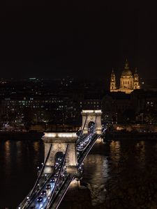 Превью обои мост, город, вид сверху, ночь, темный