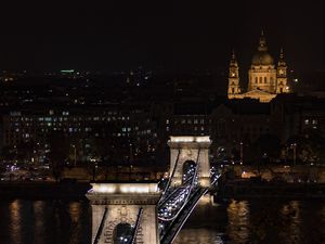 Превью обои мост, город, вид сверху, ночь, темный