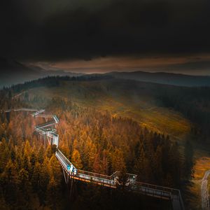 Превью обои мост, горы, туман, облака, вид сверху