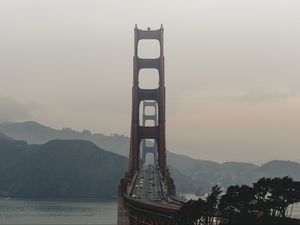 Превью обои мост, горы, туман, побережье, пейзаж